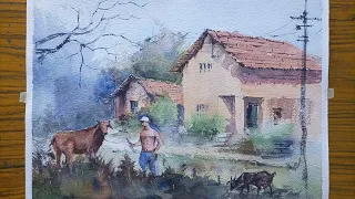 A beautiful Village scape painting tutorial in watercolor|| artist om Ram watercolor