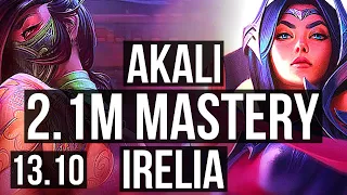 AKALI vs IRELIA (MID) | 8 solo kills, 2.1M mastery | KR Master | 13.10