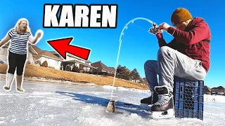 ANGRY KAREN Kicks Fisherman OFF Pond? (ice fishing)