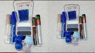 Satisfying slime coloring with makeup. Mixing Glitter eyeshadow +lip gloss, blue mascara, blue nail