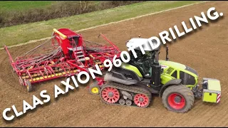 4Kᵁᴴᴰ March 2024: Claas Axion 960 Terra Trac tractor drilling with a Väderstad Rapid A 800S drill.