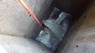 Unblocking a blocked sewer connection at a manhole.