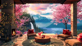 Soothing Jazz Piano Music in a Cozy Spring Terrace w/ Waterfall view and Fireplace Sounds for Relax