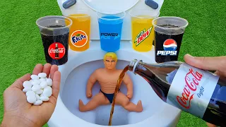 Experiment !! Stretch Armstrong VS Toilet Cola Light, Fanta, Pepsi, Mtn Dew, Power ade and Mentos