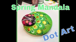 Spring Green Mandala with Painted Lady Bug Rock ~ Dot art Painting on Stone ~ Miranda Pitrone