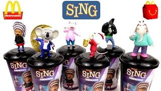 SING MOVIE McDONALD'S HAPPY MEAL TOYS THEATER CUPS CUP TOPPERS FULL SET 6 2016 2017 WORLD COLLECTION