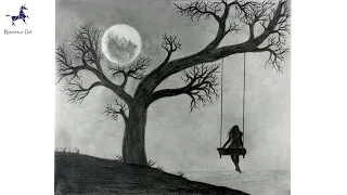 How to draw Alone Girl swinging in a tree || moonlight scenery || Girl on Swing in Moonlight || Girl