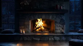 Rain, thunder and a crackling fireplace (4K)