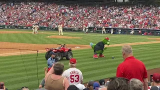 Phillie Phanatic smashes Yankee helmet in front of their dugout