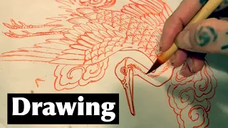Crane drawing with Japanese water color and sumi