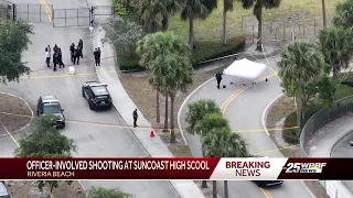 Shooting involving unknown man and police officer in parking lot of Suncoast High School in Rivie...