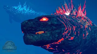 GODZILLA ROJO Y GODZILLA AZUL SE ENFRENTAN A LOS DINOSAURIOS MARINOS! Jurassic World Evolution 2