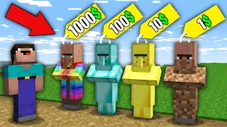 Minecraft NOOB vs PRO:WHICH RAREST VILLAGER WILL NOOB BOUGHT FOR 1000$ VS 100$ VS 10$ VS 1$?trolling