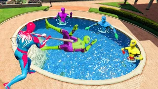 GTA 5 Rainbow Spiderman Jumping into Swimming Pool ( Euphoria Ragdolls & Jump Fails )