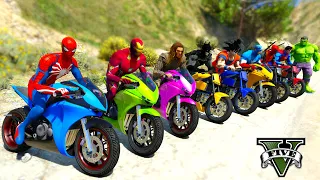 GTA V SPIDER-MAN 2, Motorcycles RACING on ICE RAMP, Superheroes Jumping in Grand Canyon Stunts-GTA 5