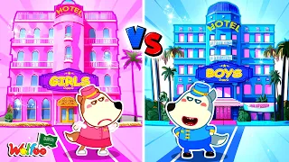 واو، وولفو! تحدي فندق Pink vs Blue Toy - يتظاهر Wolfoo باللعب في Toy Hotel | @wolfooinarabic