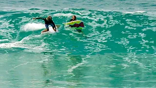 WATCHOUT! Skimboarder and Bodyboarder on a Wedge