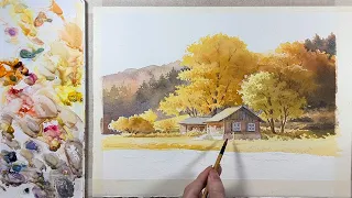 Watercolor Painting Landscape / Autumn Lake Scenery
