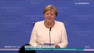 Pressekonferenzen mit Angela Merkel, Emmanuel Macron und Donald Tusk zum EU-Sondergipfel am 02.07.19