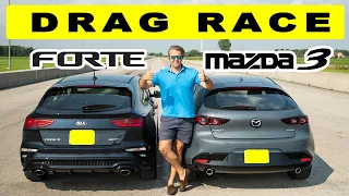 2021 Mazda3 6MT vs Kia Forte5 GT 6MT, drag and roll race. Battle of hatches.