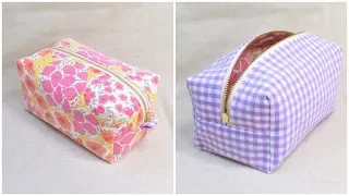 ボックスポーチ作り方 型紙なし How to sew a zipper box pouch 裏地付き 縫い代の見えない作り方　25cmファスナー使用