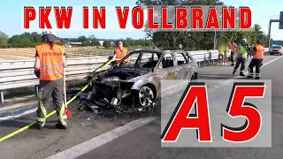 Auto steht auf der A5 in der Nähe vom Kreuz Walldorf in Vollbrand