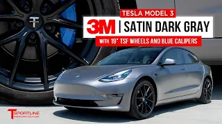 Amazing Custom Look! Satin Dark Gray Color Wrapped Tesla Model 3 with Painted Calipers & TSF Wheels