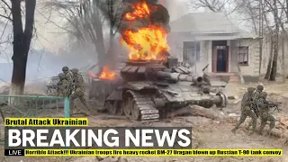 Horrible Attack!!! Ukrainian troops fire heavy rocket BM-27 Uragan blown up Russian T-90 tank convoy