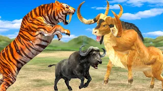 10 Giant Tiger vs 10 Giant Buffalo vs 10 Elephant Fight Mini Cow Buffalo Save By Woolly Mammoth Bull