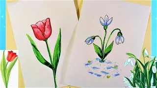 Как нарисовать подснежник и тюльпан на 8 марта. Простые рисунки. Easy drawing.