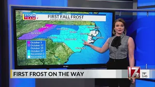 Average time of the first frost in parts of North Carolina