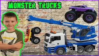 Monster Trucks Racing with Construction Toy Crane