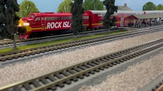 Rock Island F7 Pulls Bi-Level Commuter Cars