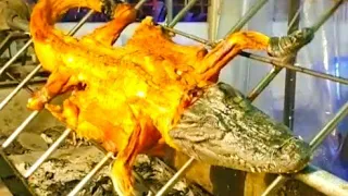 Thai Food - GIANT CROCODILE CUTTING Crocodile Meat Kebabs Bangkok Thailand | Siam Street