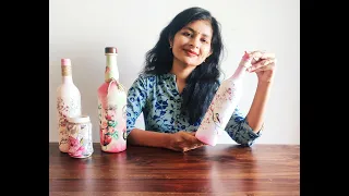 Basic Decoupage| Bottle Art| Indian Artist |decoupage on a Glass bottle| Up cycle