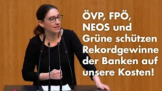 Julia Herr: ÖVP, FPÖ, NEOS und Grüne schützen Rekordgewinne der Banken auf unsere Kosten!