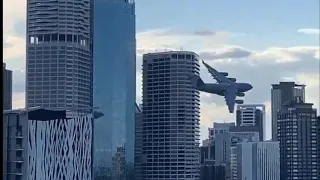 C-17 GLOBEMASTER Flying at LOW ALTITUDE Through Building in Brisbane, Australia