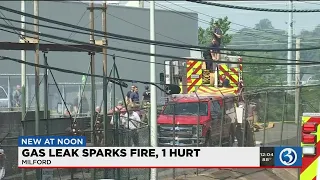 VIDEO: Lawnmower strikes gas line at Milford business