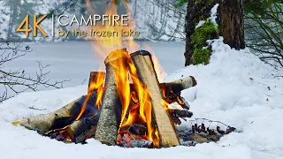 Campfire on Snow❄️White Ambience by the Lake & Authentic Sound