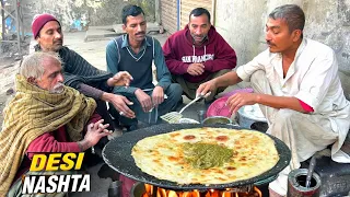 DESI CHEAPEST SAAG PARATHA IN LAHORE | STREET FOOD DESI NASHTA | SAAG ALOO PARATHA