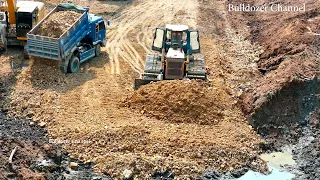 Nice Project Connecting Canal Completed 100%  By Bulldozer Pushing Stone & 5Ton Truck Dumping Stone