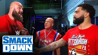 Kurt Angle and Gable Steveson make the rounds of the SmackDown locker room: SmackDown, Dec. 9, 2022