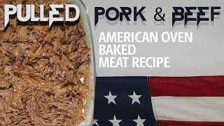 Pulled Pork & Beef. American recipe for baked meat.