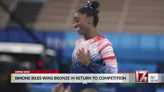 Simone Biles wins bronze in return to competition