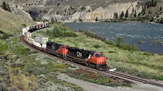 Massive CN Container Trains Snaking Thru Sharp Rail Curves In The Thompson Canyon