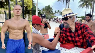 Deny Montana Pretends to be an Old Man Armwrestler. Prank in Miami