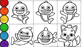 Learn How to draw Baby Shark Family and Pinkfong- Glitter Painting and art for kids