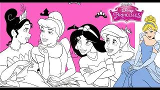 PRINCESS FRIENDS Disney Coloring Page All Together ARIEL TIANA JASMINE CINDERELLA COLORING BOOK