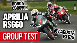 Best of both worlds? Aprilia RS660 takes on the Honda CBR650R and MV Agusta F3 675 | MCN Group Test