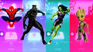 Spiderman 🆚 Black Panther 🆚 She-Hulk 🆚 Baby Groot | Marvel Heroes | Tiles Hop Fun Ball